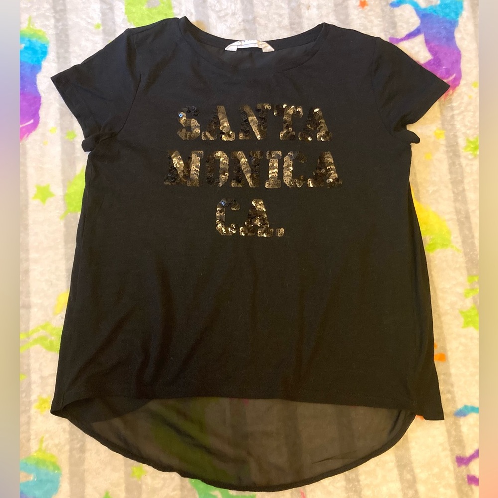 Black H&M Sequined Santa Monica California Shirt, size 12/14